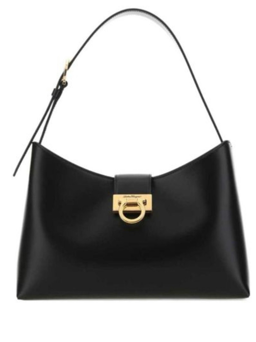 Salvador Ferragamo Black Leather Gancio Trifolio Large Shoulder Bag